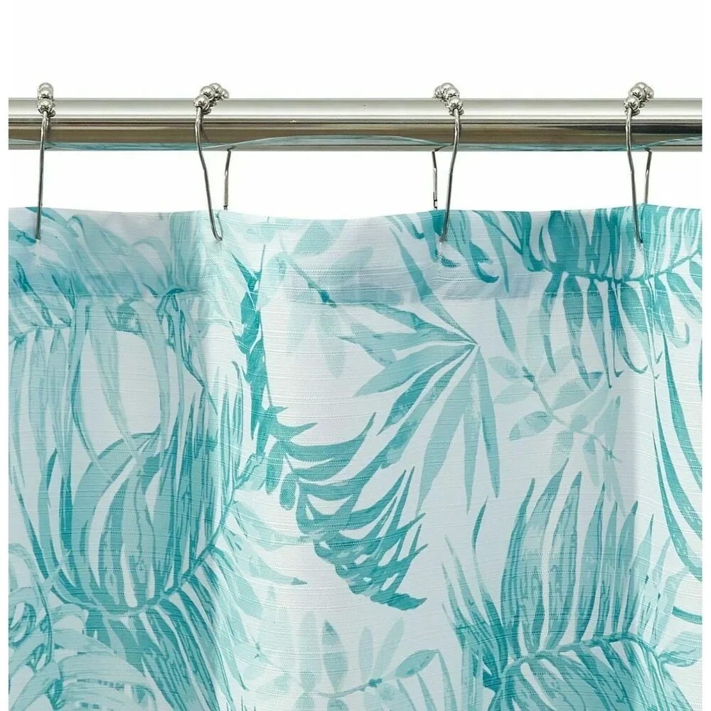 Tropical Green Palm Leaves Fabric Shower Curtain Ribbed Striped Textured Bath